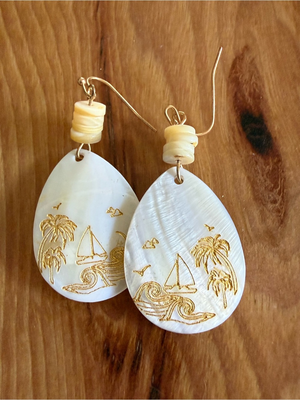 $3 Handmade Mother of Pearl Drop Earrings with Gold Beach Motif